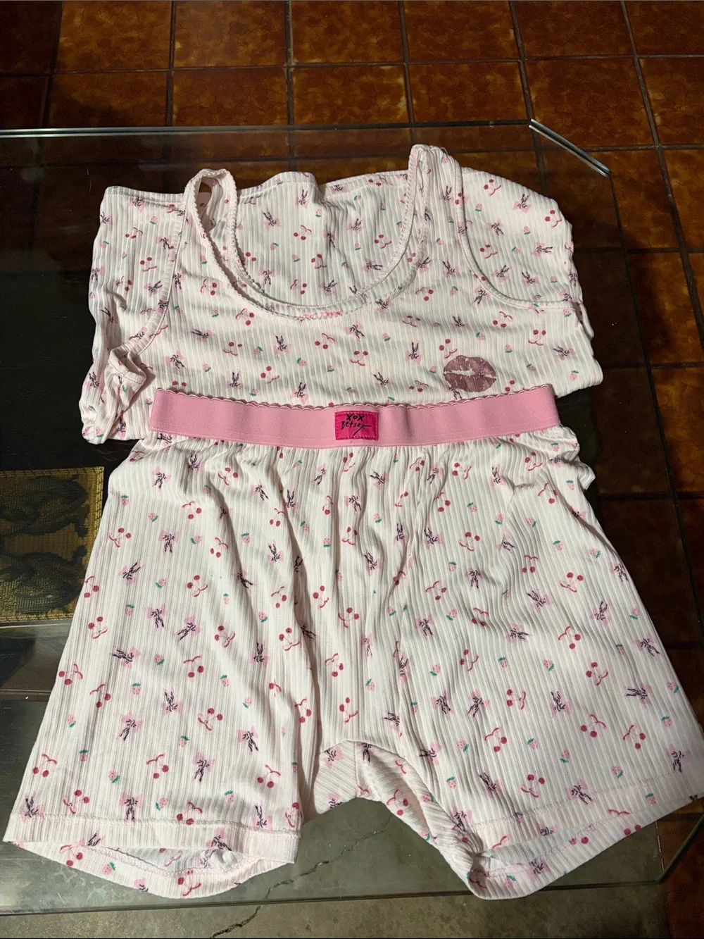 Betsey Johnson Pink Cherry Ribbed Tank & Shorts Pajama Set